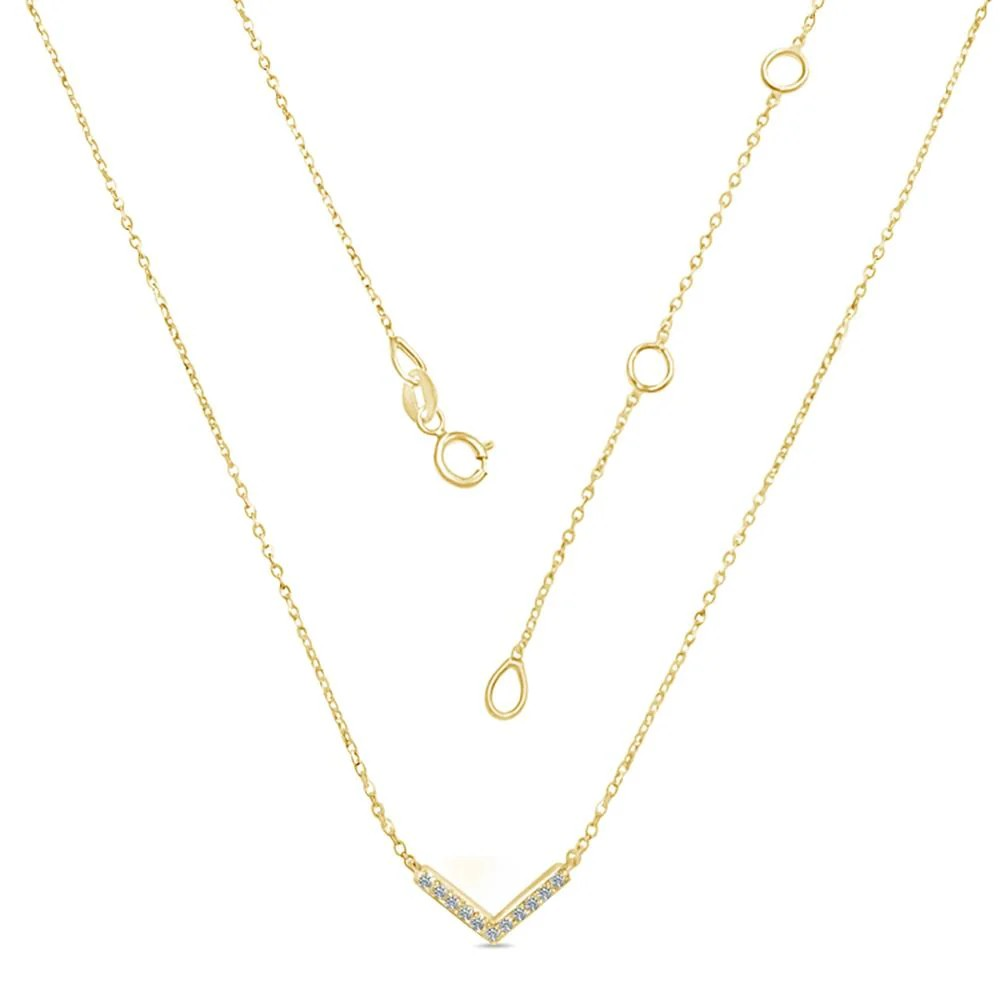 Gold necklace with a V-shaped pendant on a white background