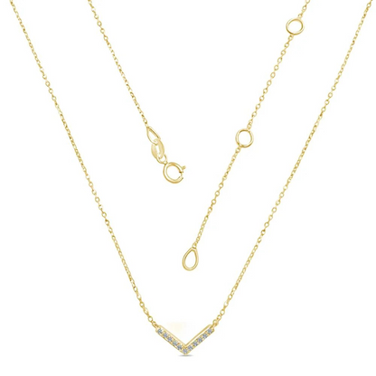 Gold necklace with a V-shaped pendant on a white background