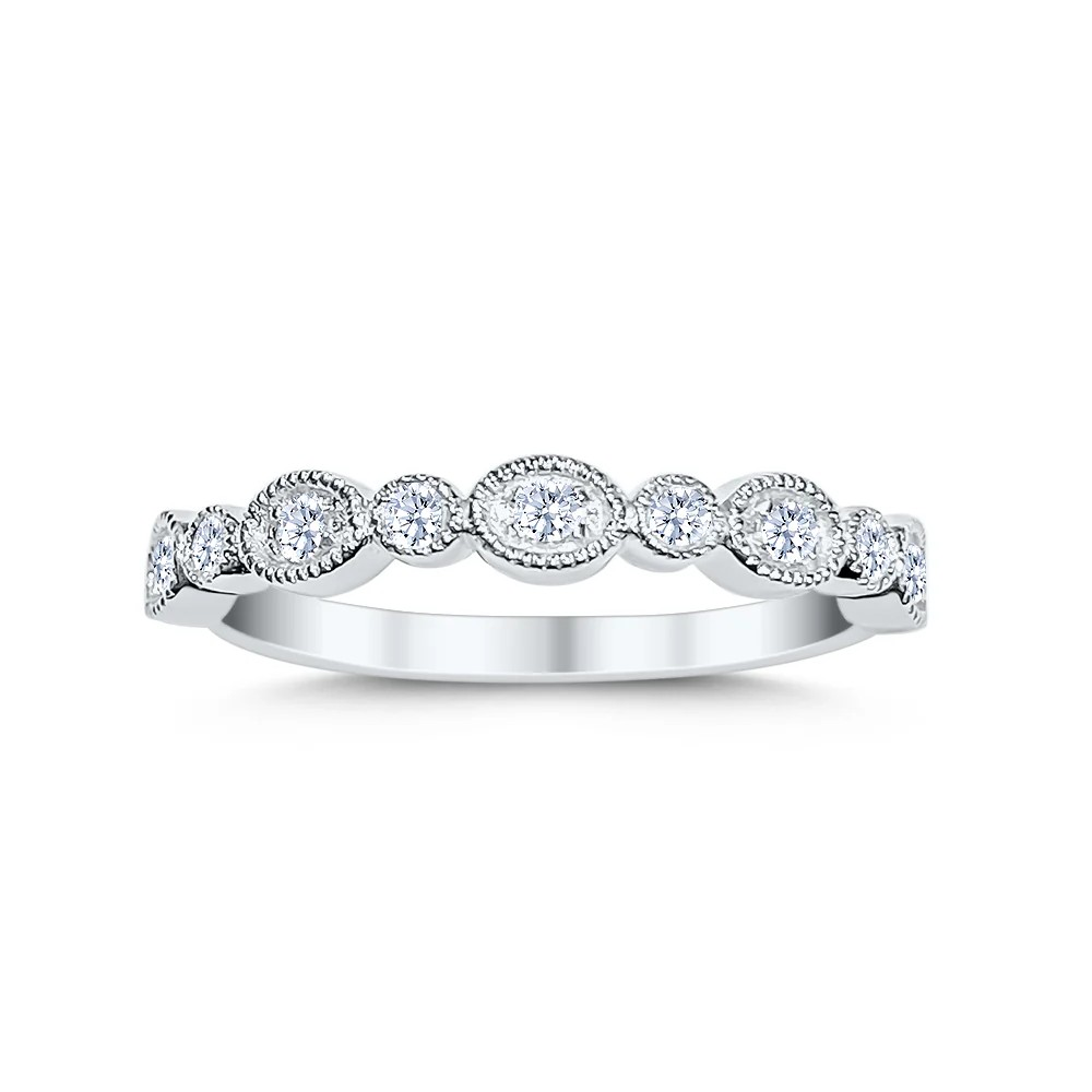 Silver ring with diamond stones on a white background