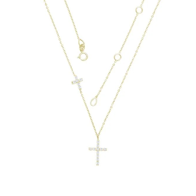 Gold necklace with a cross pendant on a white background