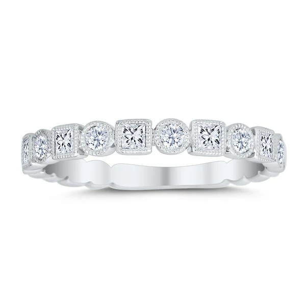 Diamond ring with a white gold band on a white background