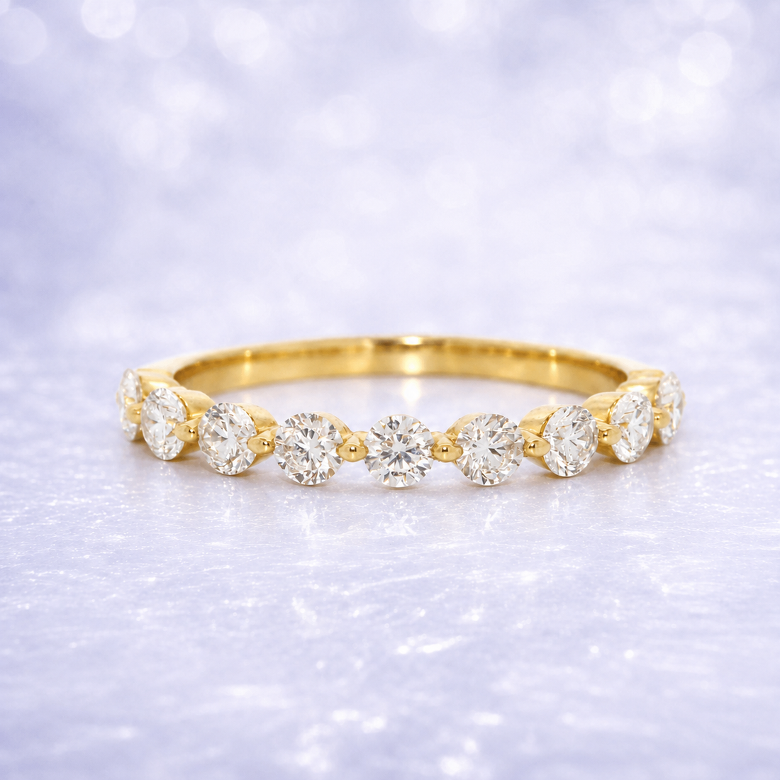 Gold ring with diamonds on a light purple background 14K Gold | .49ct Natural Diamond Round Half Eternity Band Shared Prong Wedding Band