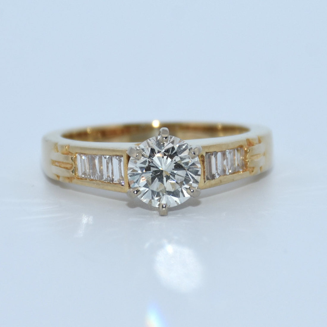 14K Gold | .92ct YG Natural Round Diamond VS Quality Ungraded Center Stone .08ct Baguette Shank Engagement Ring
