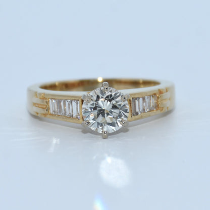 14K Gold | .92ct YG Natural Round Diamond VS Quality Ungraded Center Stone .08ct Baguette Shank Engagement Ring
