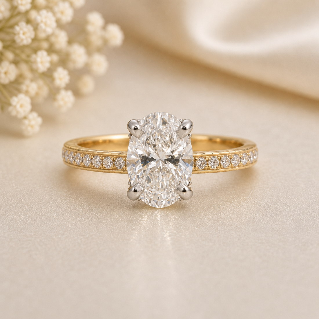 14K Gold | 1.58ct Oval Lab Diamond 14K Yellow and White Gold .67cttw Natural Setting Hidden Halo Accented Engagement Ring