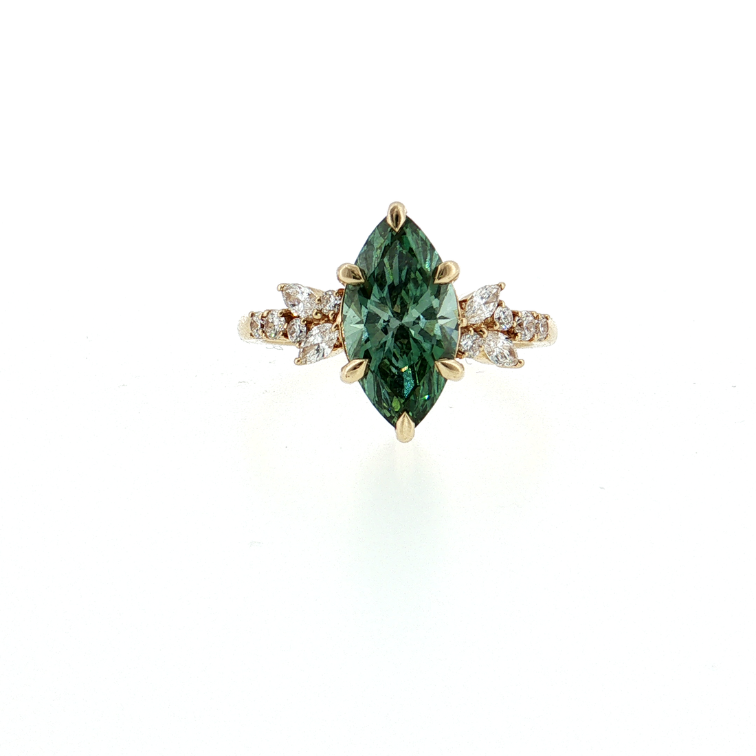 14K Gold | 1.99 CT Fancy Vivid Green Marquise Brilliant Diamond  Engagement Ring with Diamond Accents