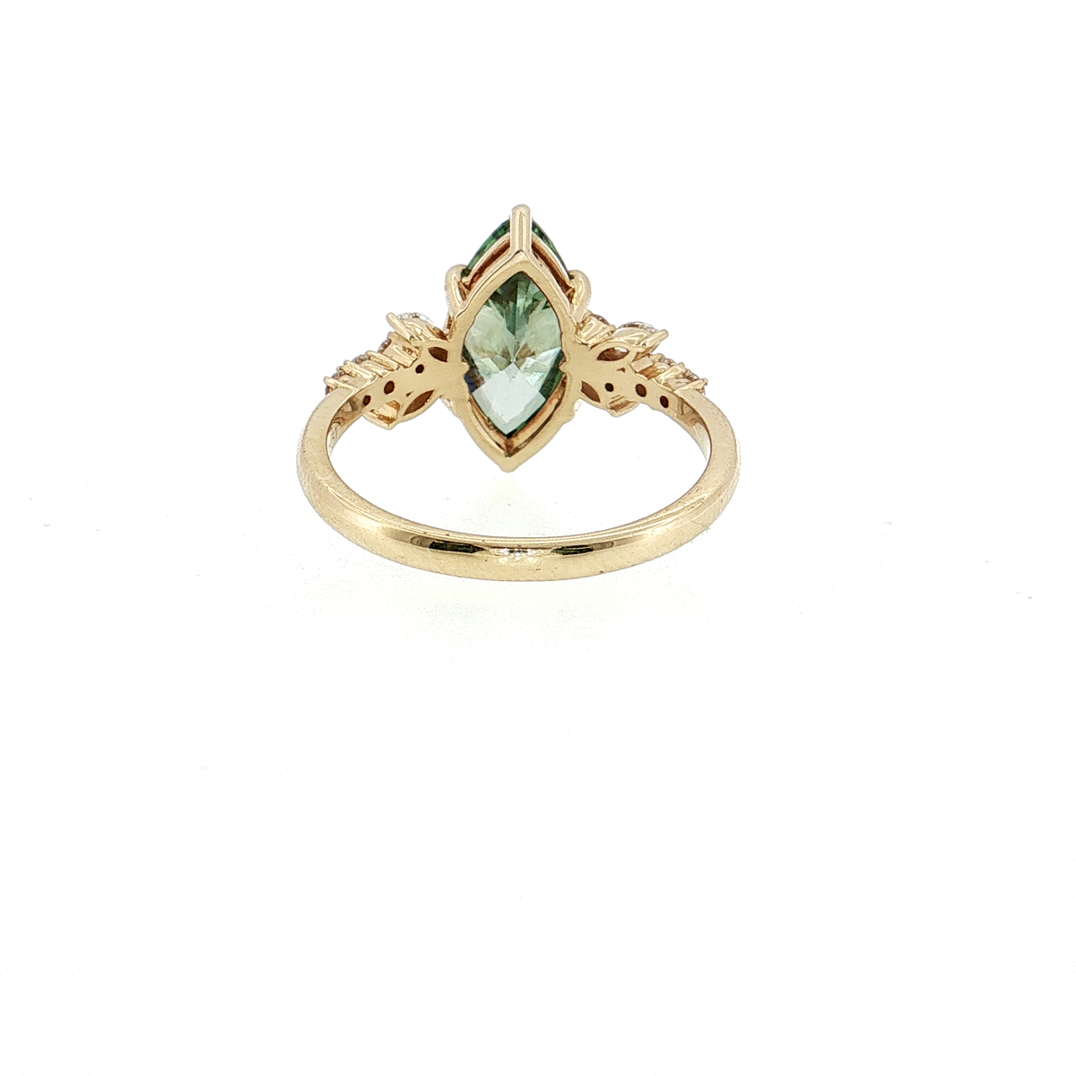 14K Gold | 1.99 CT Fancy Vivid Green Marquise Brilliant Diamond  Engagement Ring with Diamond cluster leaf