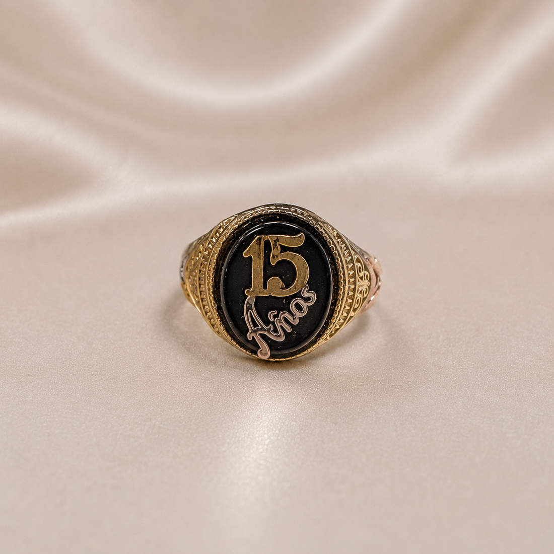 14K Gold | 15 Años Black Onyx Signet-Style Ring for Quinceañera "Sweet 15"