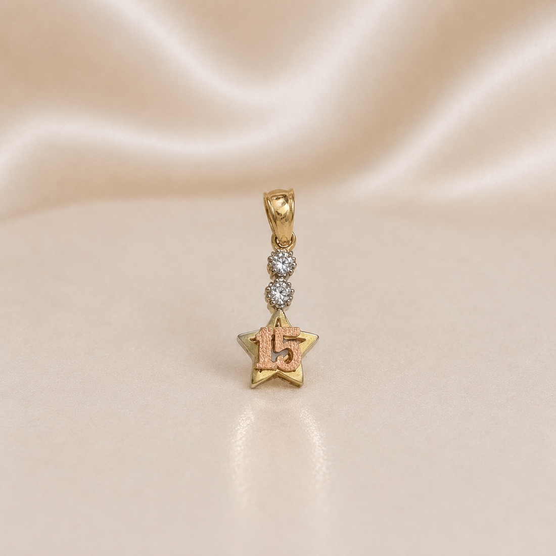 14K Gold | 15 Gold Star Tricolor Quinceañera Pendant with CZ