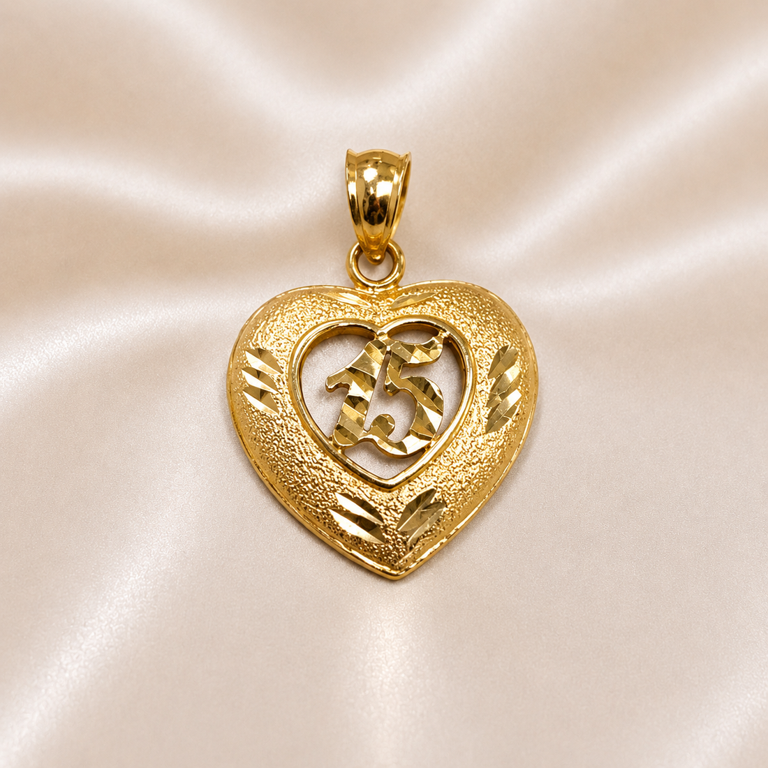 14K Gold | 15 Heart-Shaped Diamond-Cut Pendant (Quinceañera)
