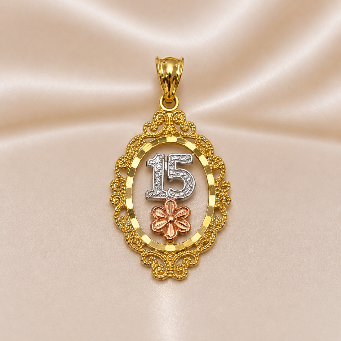 14K Gold | 15 Tricolor Oval Medallion Pendant with Floral Accent for Quinceañera "Sweet 15"