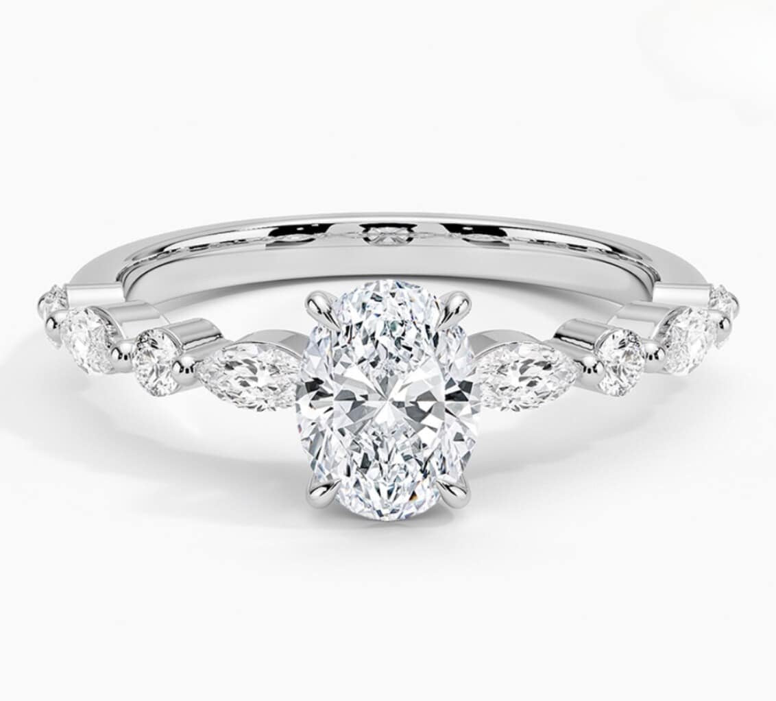 14K Gold | 1CT Oval Brilliant Cut Lab Diamond with .39ct Accented Band Engagement Ring