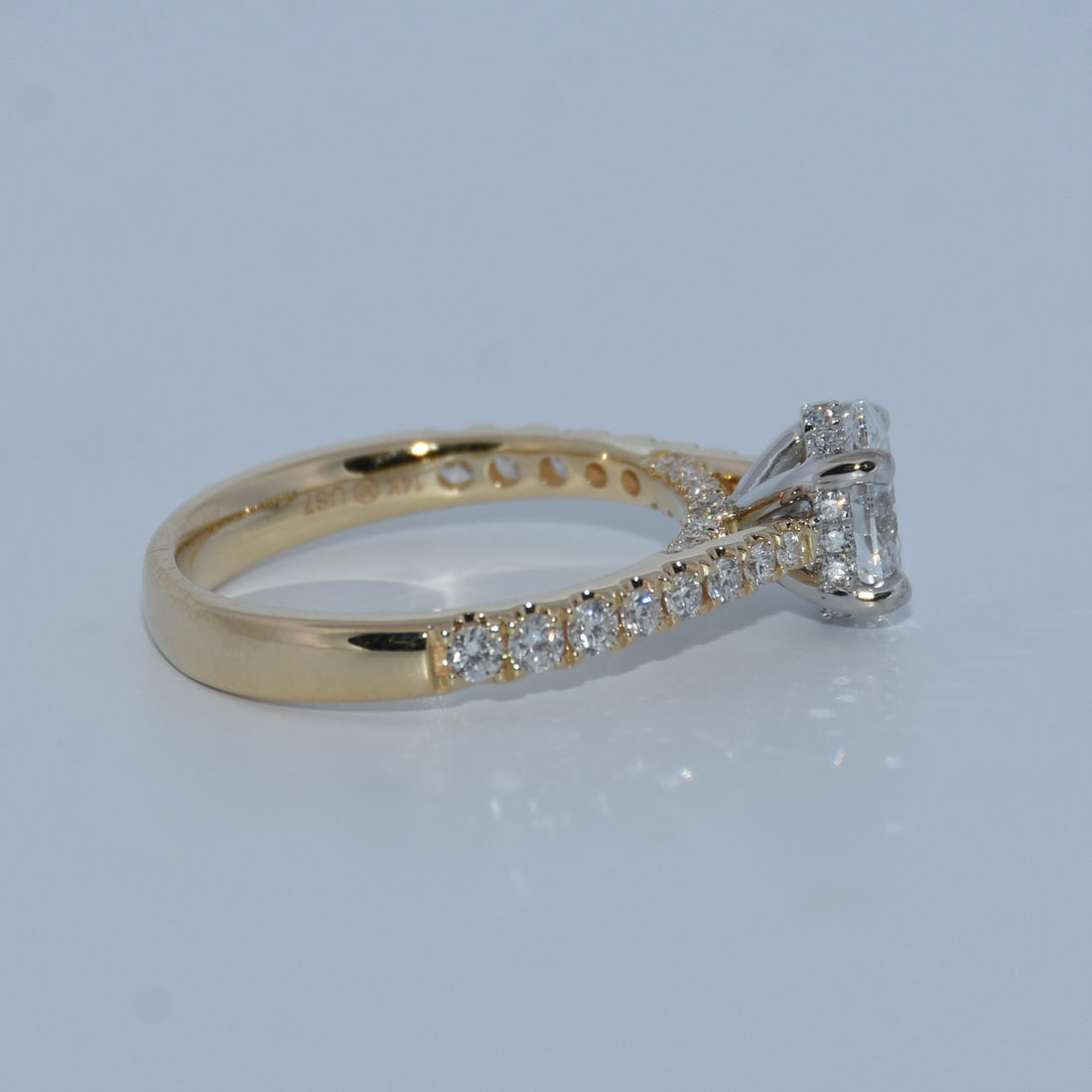 14K Gold | 1ct Oval Lab Diamond Y/W Gold Hidden Halo with .49cttw Natural Setting Accented Engagement Ring
