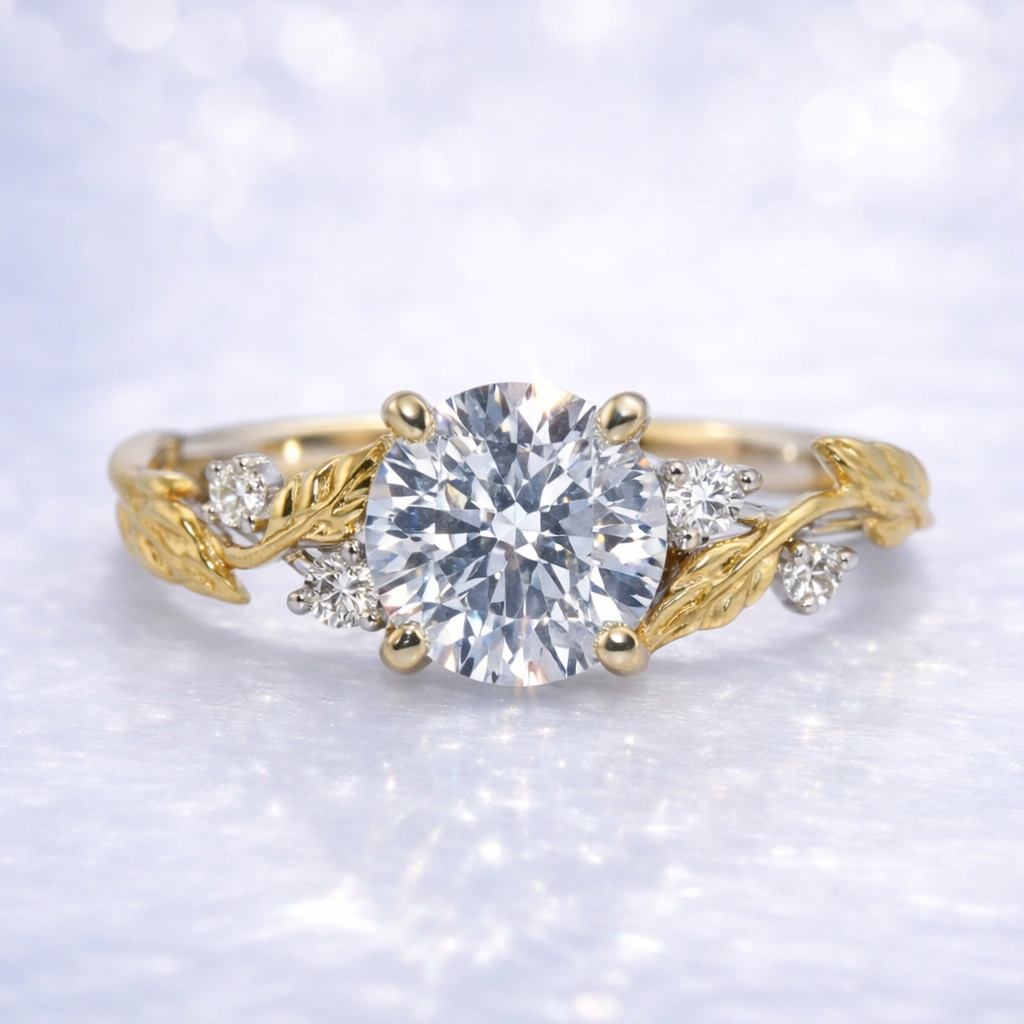 Gold ring with a large diamond and smaller diamonds on a white background