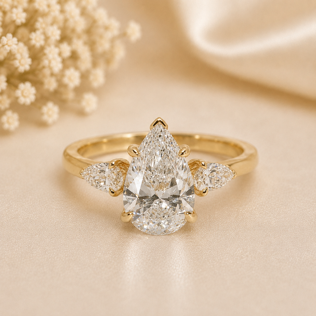 14K Gold | 2CT YG Three-Stone Pear Brilliant Lab Diamond Engagement Ring