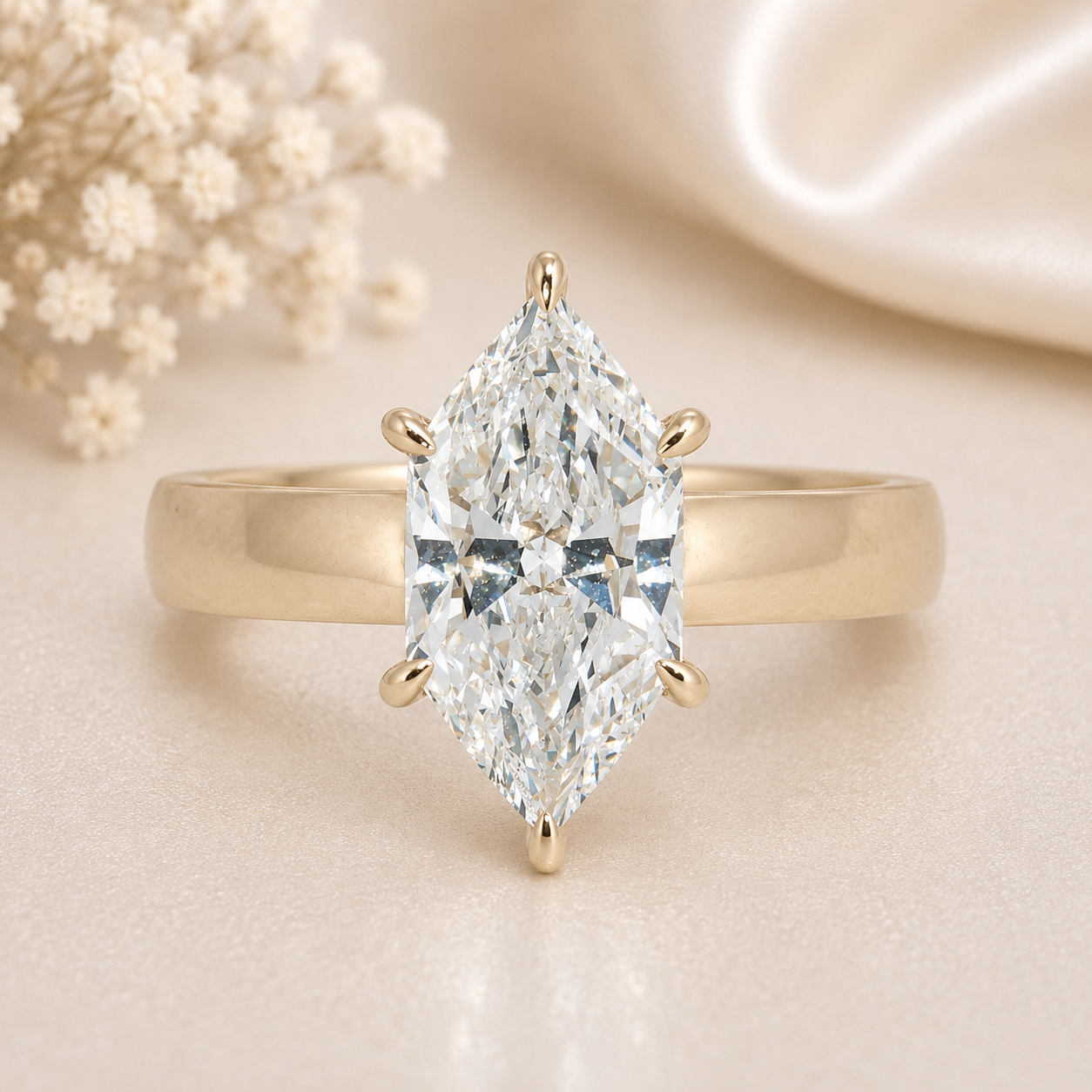 14K Gold | 3.10CT Yellow Gold Dutch Marquise Lab Diamond Flat Cigar Band with Hidden Halo Engagement Ring