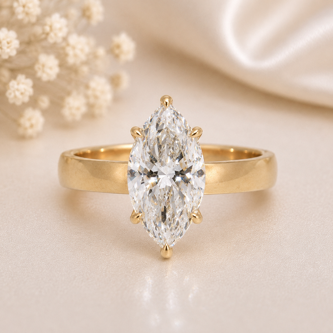 14K Gold | 3.52CT Yellow Gold Marquise Lab Diamond with Hidden Halo and Flat Cigar Band Engagement Ring
