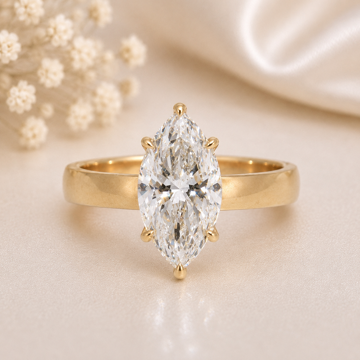 14K Gold | 3.52CT Yellow Gold Marquise Lab Diamond with Hidden Halo and Flat Cigar Band Engagement Ring