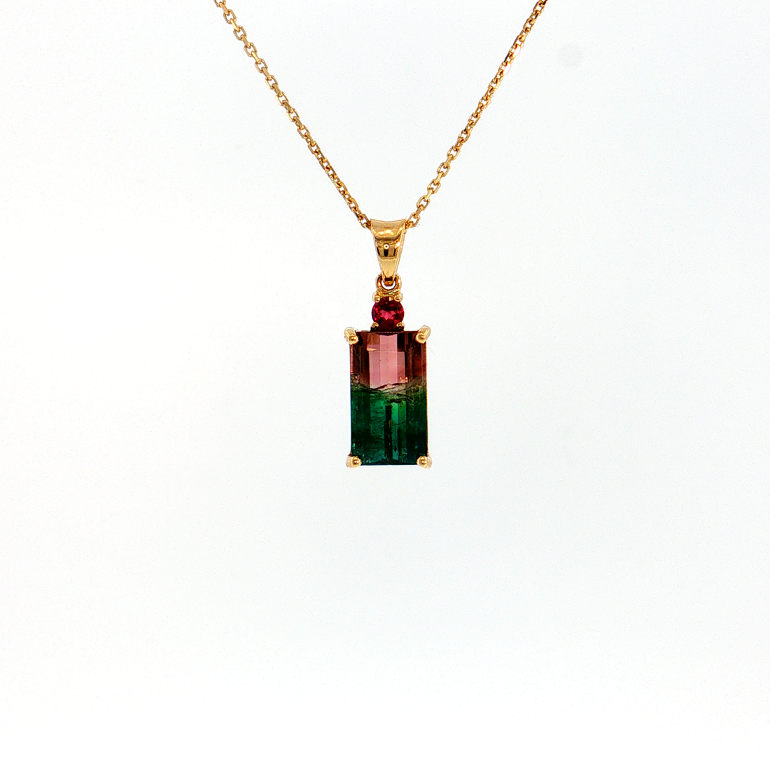 14K Gold | 3.97cttw Natural Bicolor Tourmaline Pendant with Emerald Cut