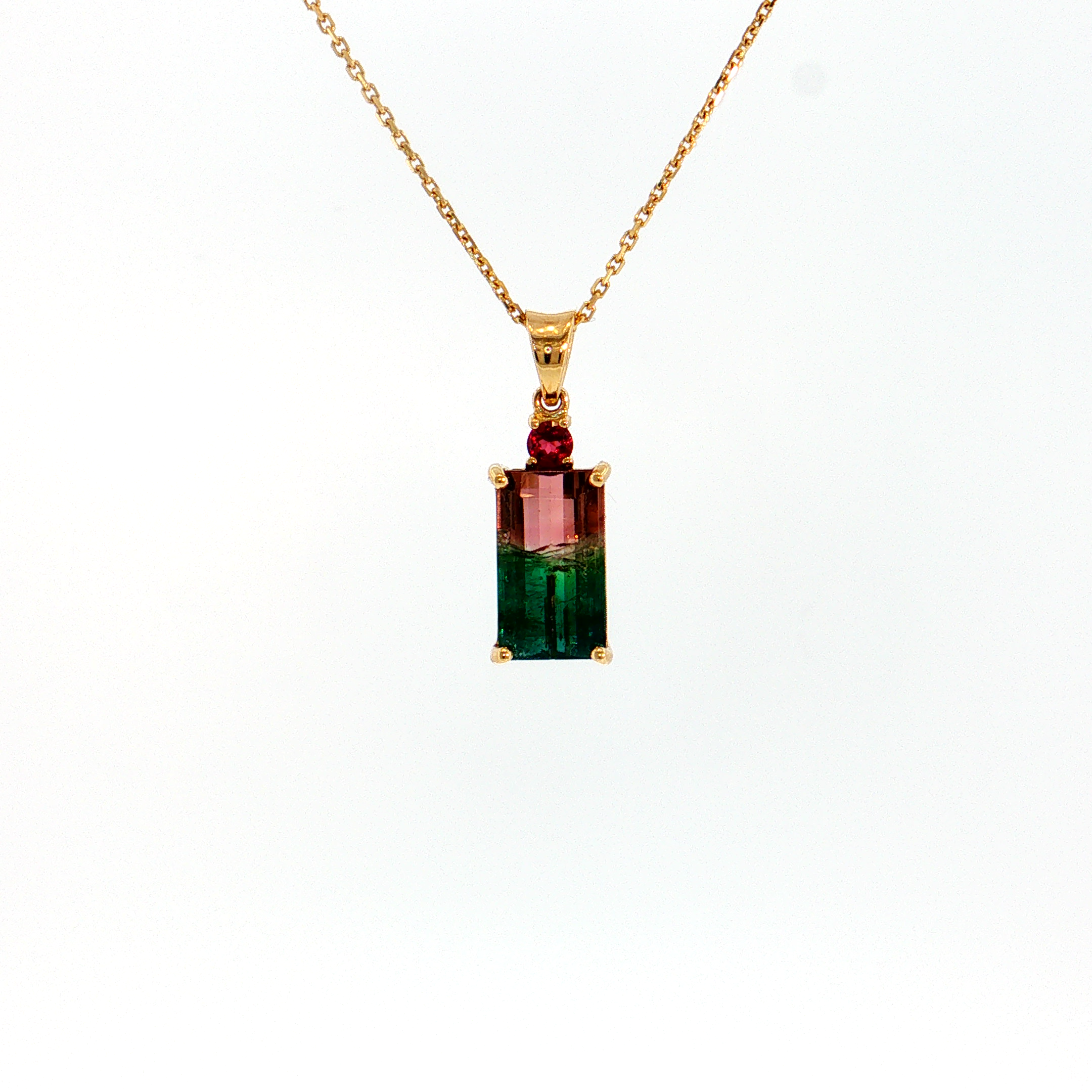 14K Gold | 3.97cttw Natural Bicolor Tourmaline Pendant with Emerald Cut