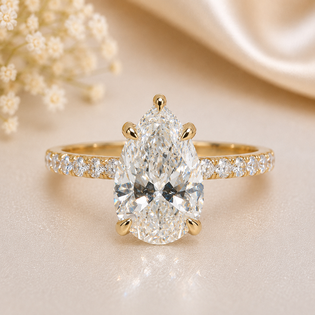 14K Gold | 3CT Yellow Gold Pear Brilliant Cut with Pavé-Prong Hidden Halo Setting and Pavé Band Lab Diamond Engagement Ring