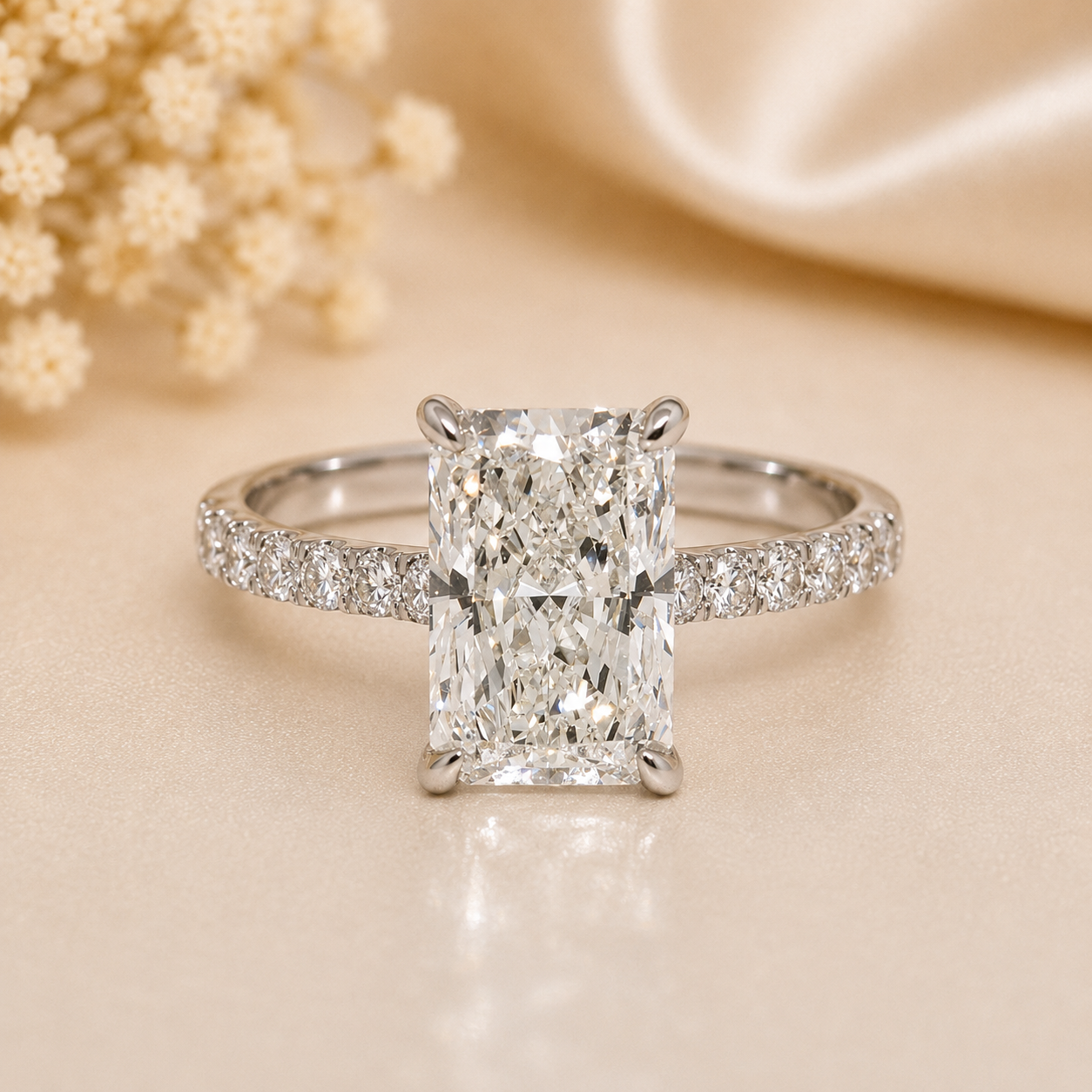 14K Gold | 4.04CT WG Radiant Lab Diamond Hidden Halo Accented Engagement Ring