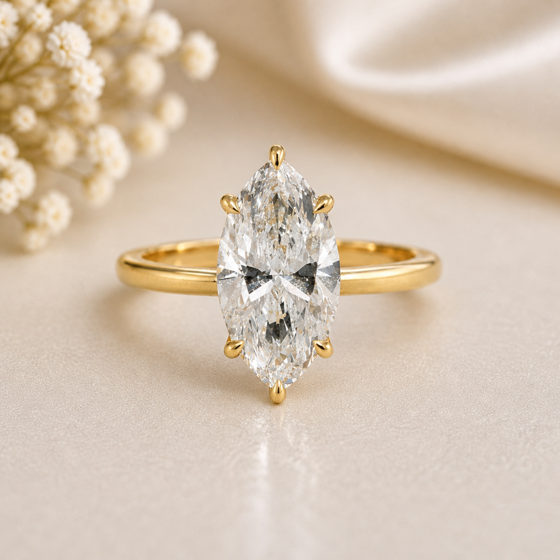14K Gold | 4CT Yellow Gold Hidden Halo Solitaire Marquise Brilliant Lab Diamond Engagement Ring