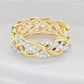 A yellow gold ring with an intricate braided lattice design, accented by rows of clear pavé diamonds along the braid. The inside of the band features a fine chain link pattern with a visible 'allmark. 14K Gold| Celtic Eternity Band with Lab Diamonds