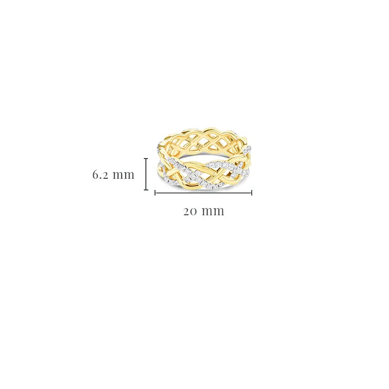 A gold ring with a braided and diamond-encrusted design, shown with dimension lines indicating a height of 6.2 mm and a width of 20 mm, on a plain white background.