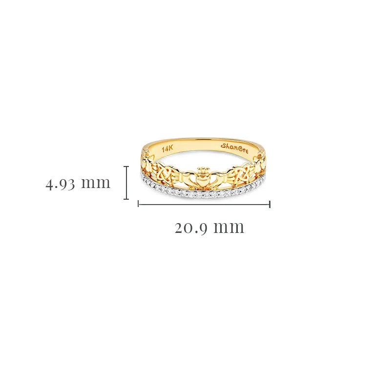A gold ring with a floral pattern and a row of small clear stones, shown on a white background with dimension labels indicating 4.93 mm height, 20. 14K Gold | Claddagh Ring with Lab Diamonds Border