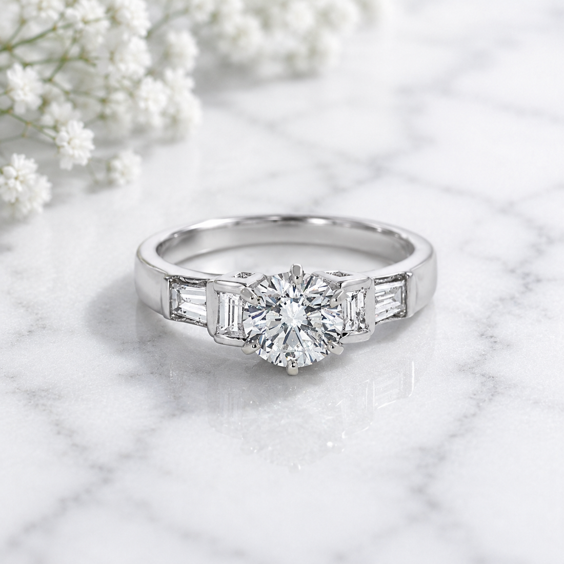 14K Gold | Classic White Gold 0.91 ct Natural Round Diamond Engagement Ring with 0.26 cttw Tapered Baguette Accents