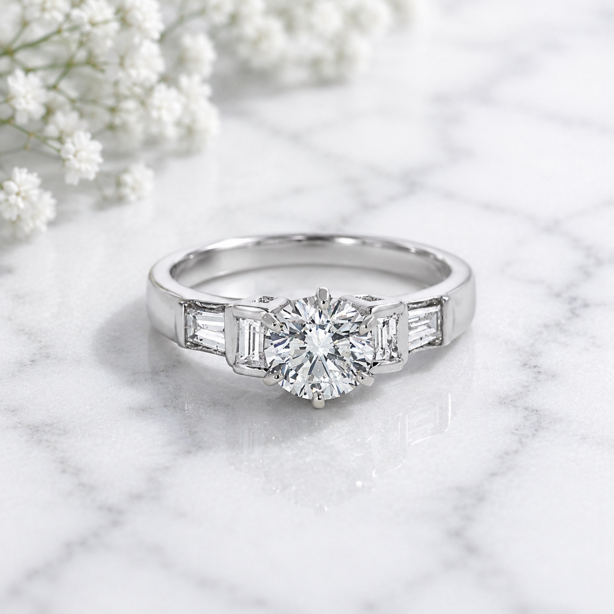 14K Gold | Classic White Gold 0.91 ct Natural Round Diamond Engagement Ring with 0.26 cttw Tapered Baguette Accents