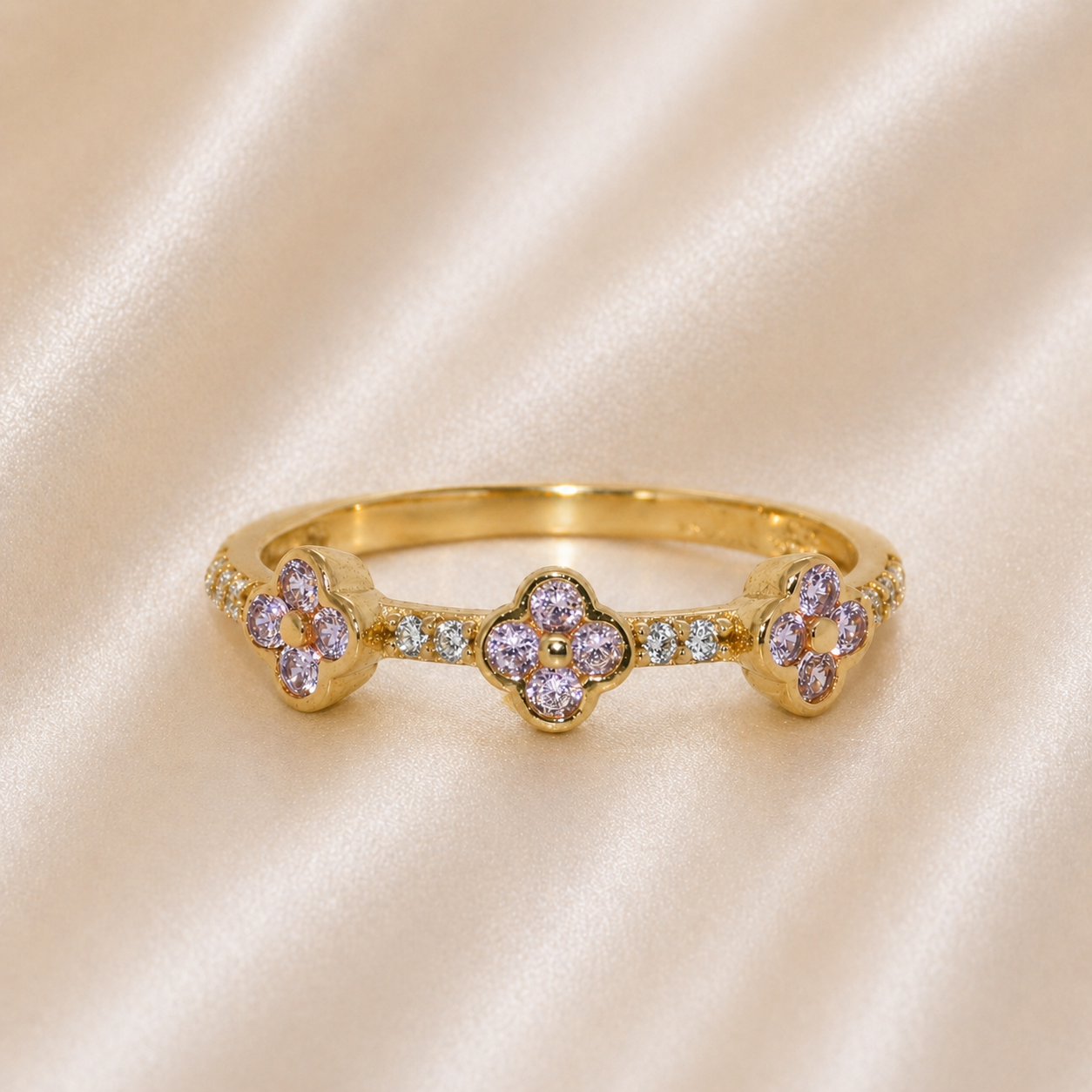 14K Gold | Clover Cz Rings pink