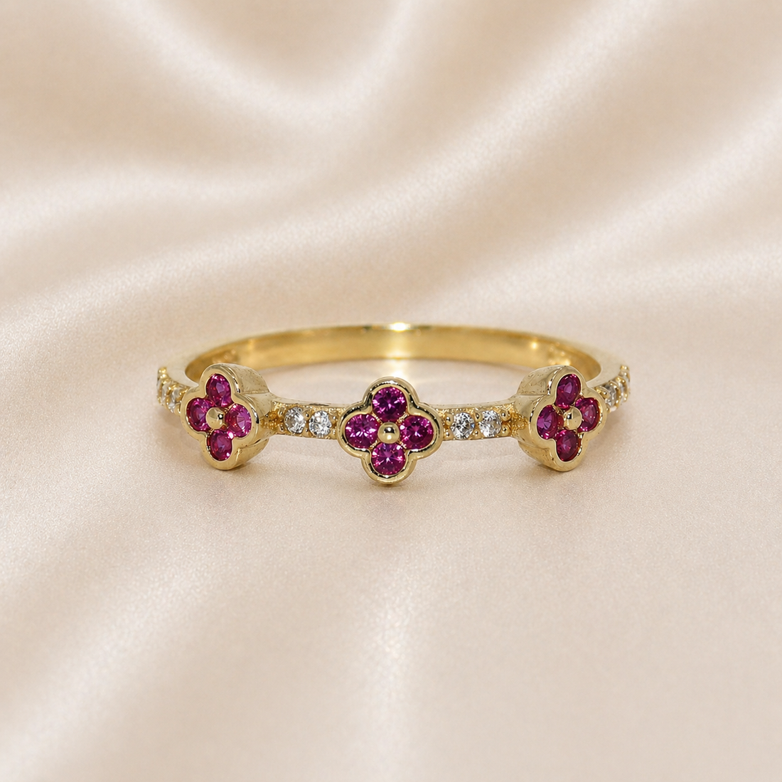 14K Gold | Clover Cz Rings red