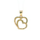A gold heart-shaped pendant with an openwork design and a smaller inner heart outlined with small stones, suspended on a clear display stand against a white background.