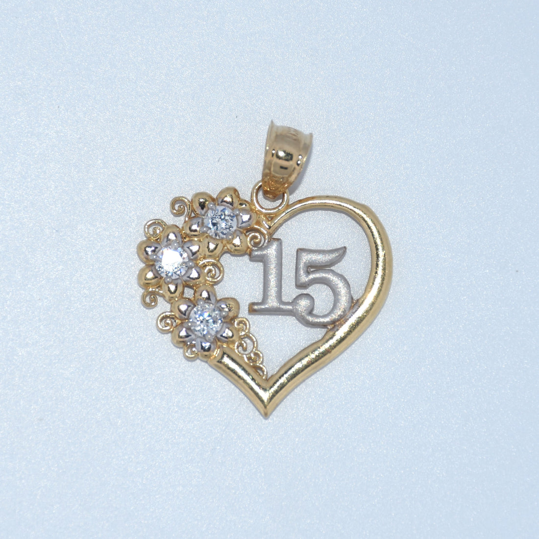 14K Gold | Floral 15 Heart Pendant for Quinceañera "Sweet 15"