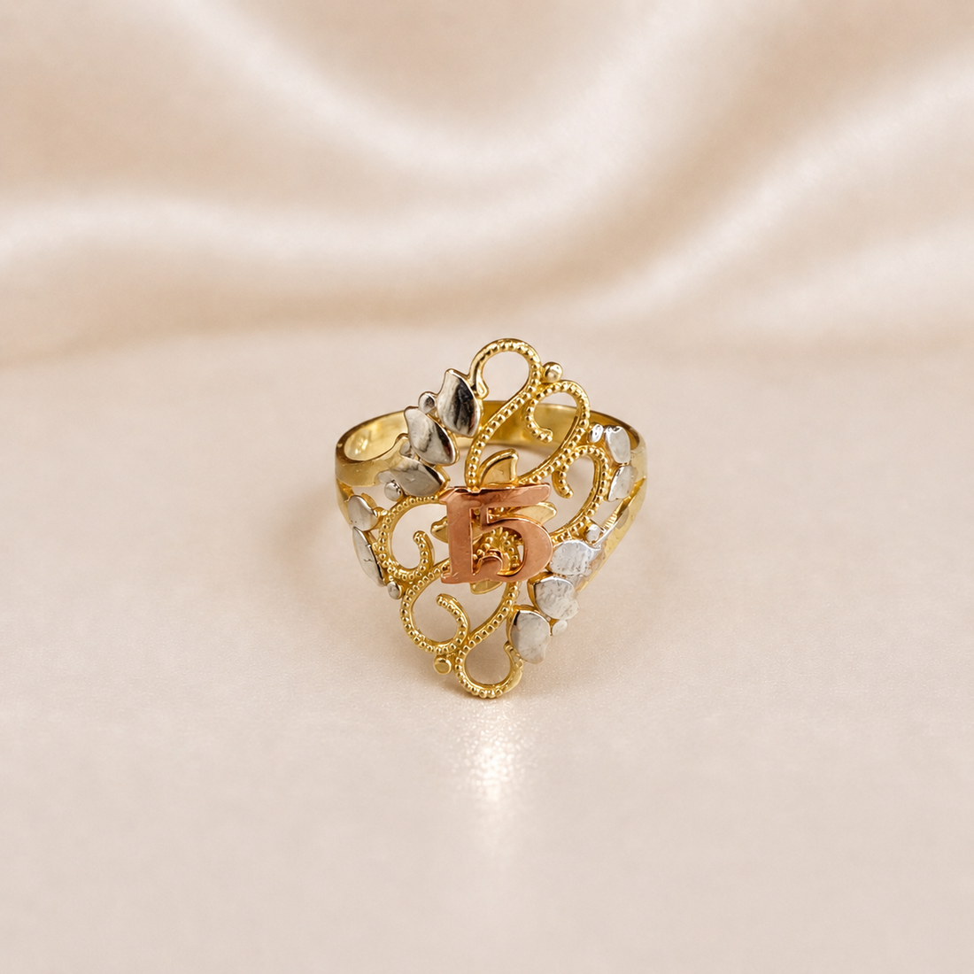 14K Gold | Floral Inspired Quinceañera "Sweet 15" Ring with Rose Gold Number 15