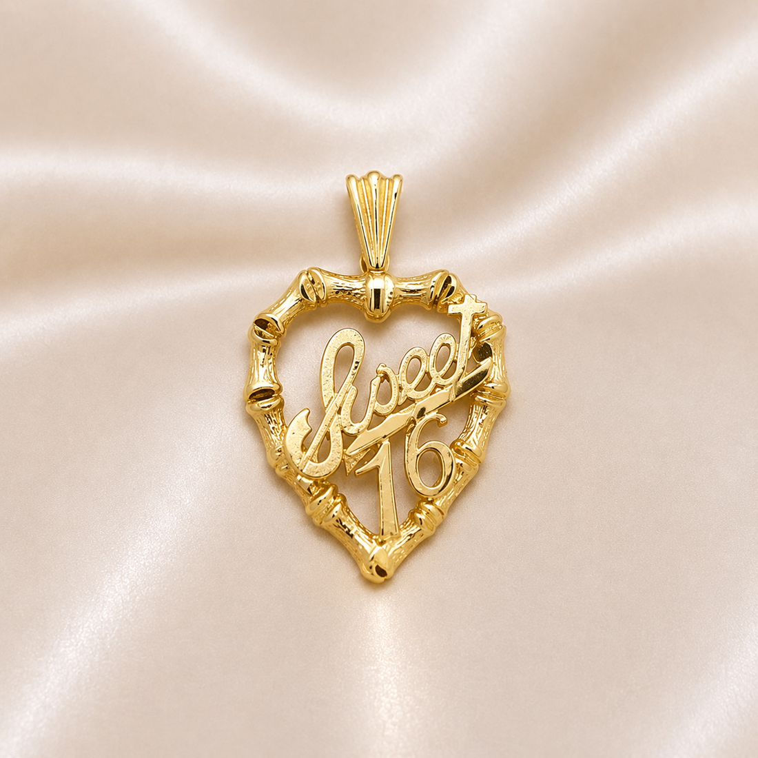 14K Gold | Heart “Sweet 16” Bamboo Heart Pendant