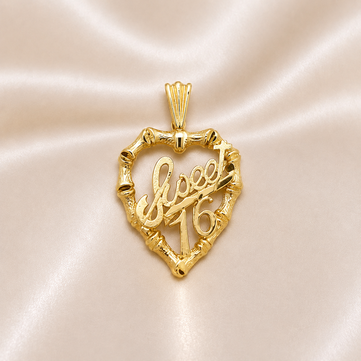 14K Gold | Heart “Sweet 16” Bamboo Heart Pendant