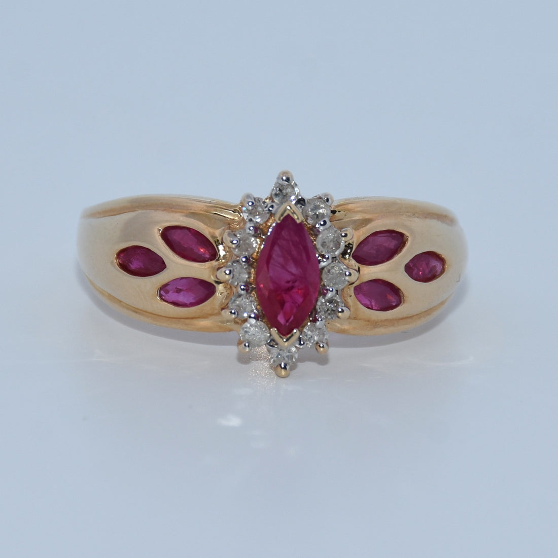 14K Gold | Natural 1.95ct Marquise Ruby and .18ct Diamond Ring