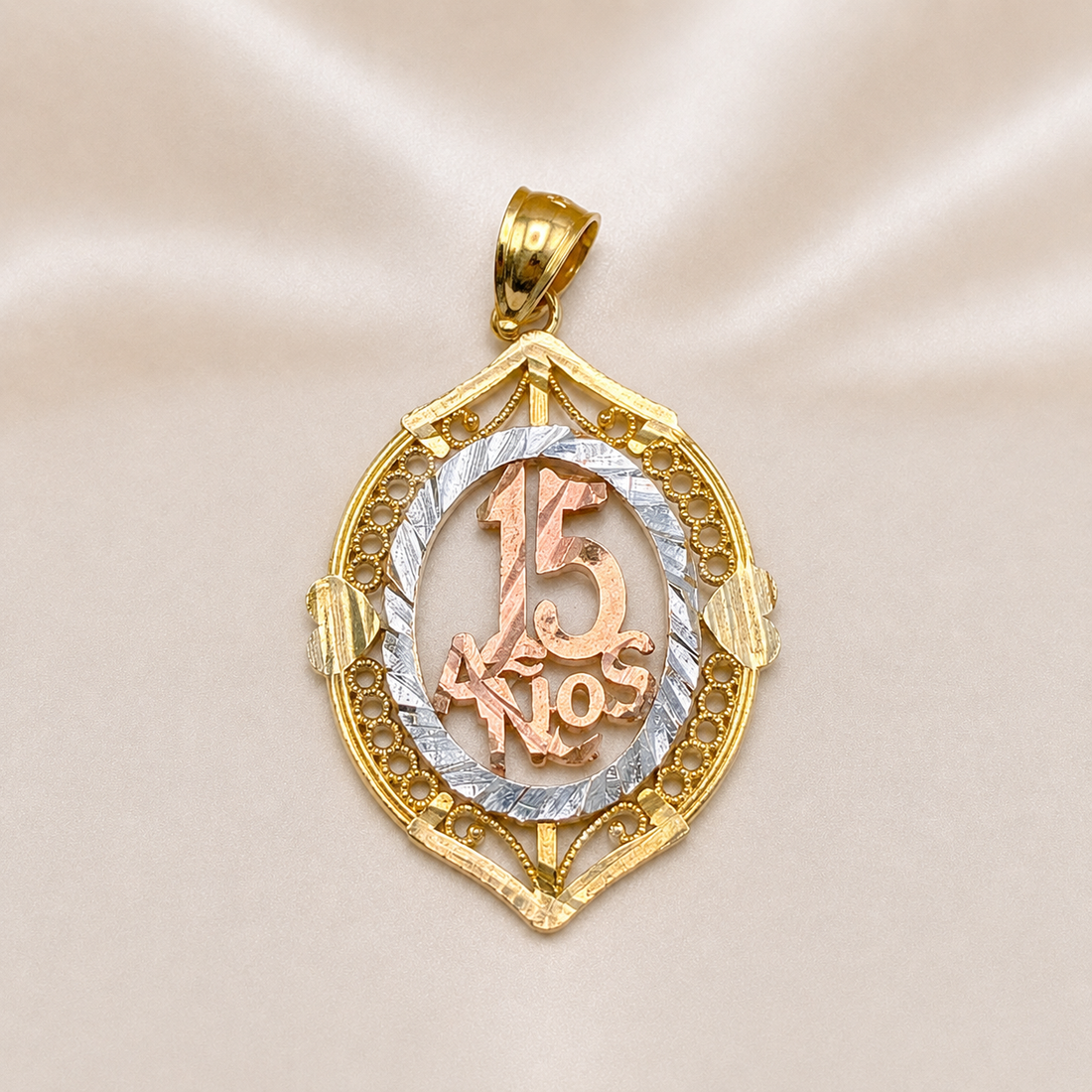 14K Gold | Oval 15 Años Tricolor Pendant for Quinceañera "Sweet 15"