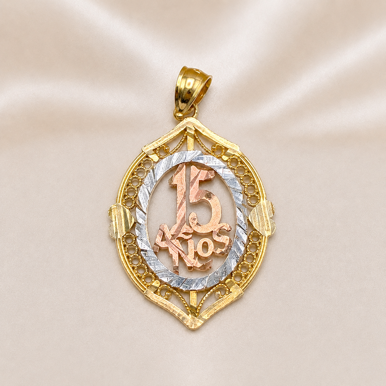 14K Gold | Oval 15 Años Tricolor Pendant for Quinceañera "Sweet 15"