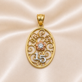 14K Gold | Oval Tricolor “Sweet 15” CZ Filigree Pendant