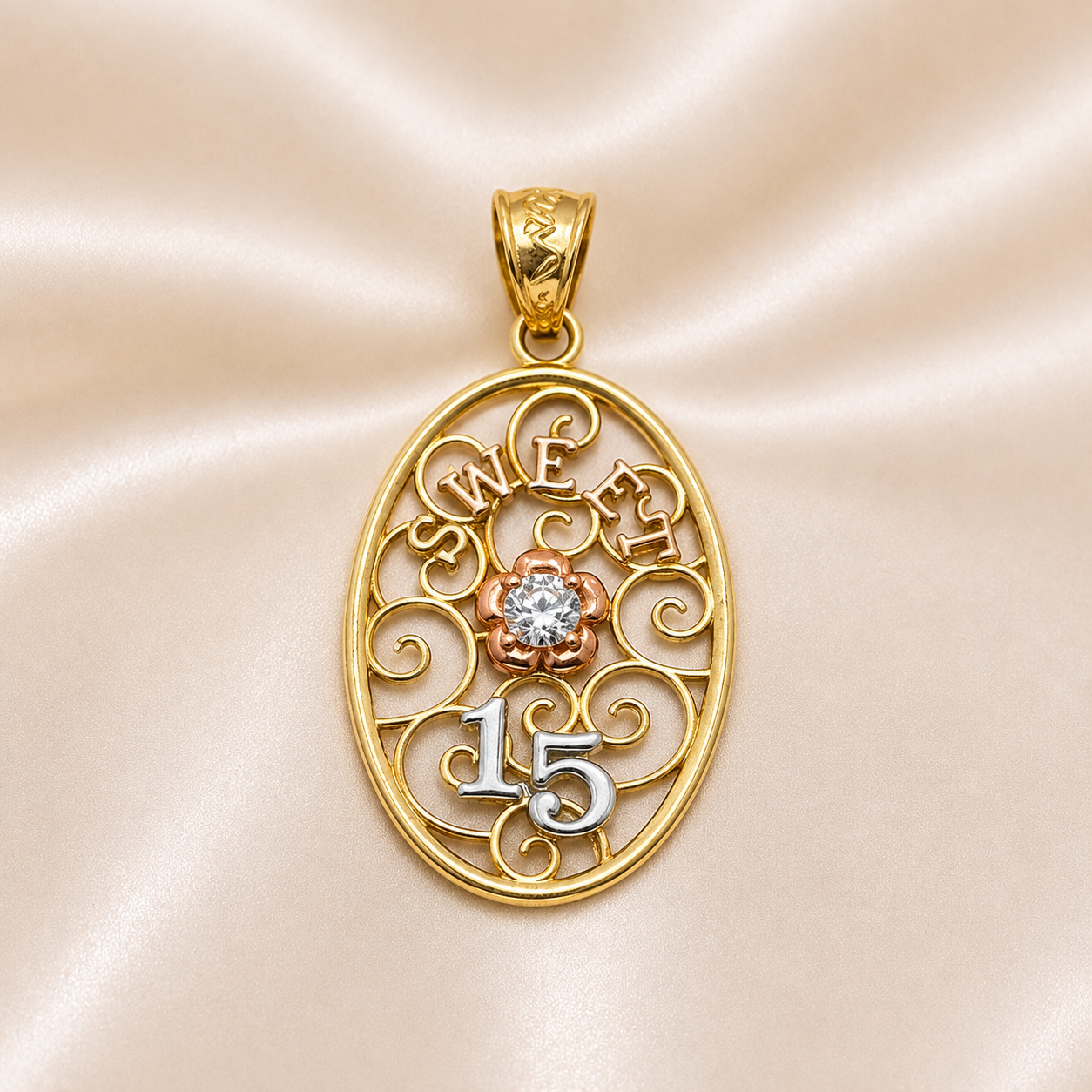 14K Gold | Oval Tricolor “Sweet 15” CZ Filigree Pendant