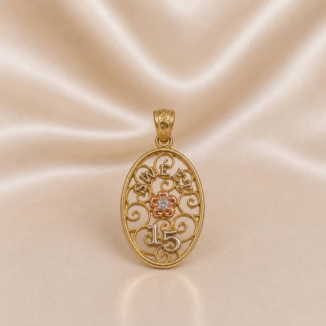 14K Gold | Oval Tricolor "Sweet 15” Pendant with Flower Accent (Quinceañera)