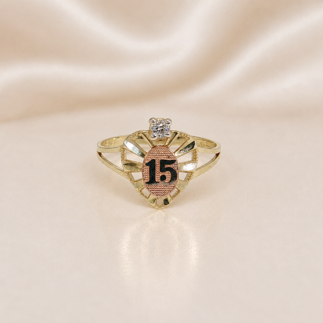 14K Gold | Quinceañera Ring with Rose Gold Heart & CZ "Sweet 15"