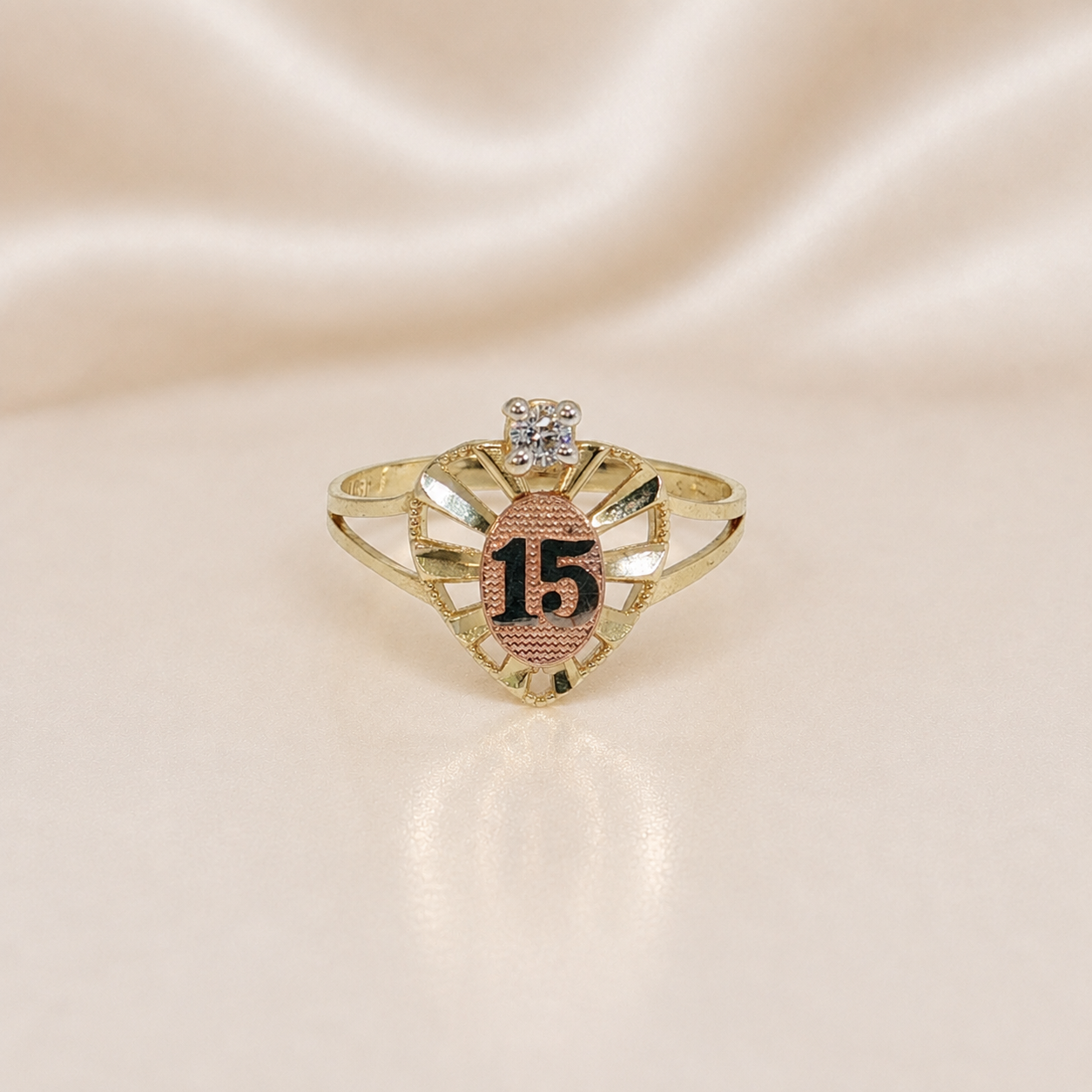 14K Gold | Quinceañera Ring with Rose Gold Heart & CZ "Sweet 15"