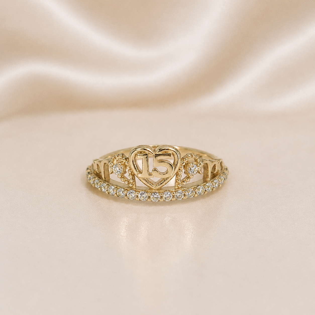 14K Gold | Quinceañera "Sweet 15" Tiara/Crown Ring with Colored Stones & CZ Band
