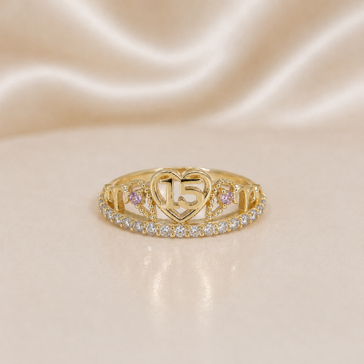 14K Gold | Quinceañera "Sweet 15" Tiara/Crown Ring with Pink Stones & CZ Band