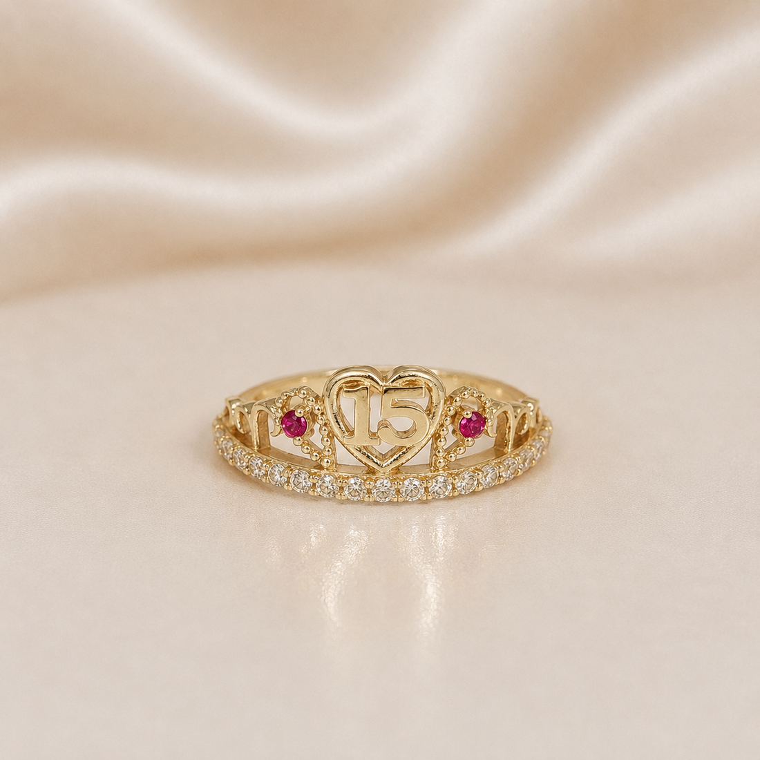 14K Gold | Quinceañera "Sweet 15" Tiara/Crown Ring with Red Stones & CZ Band